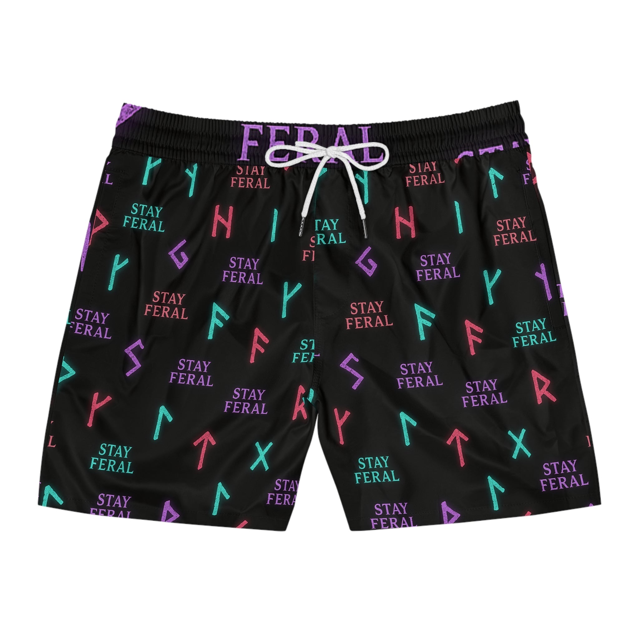 Stay Feral Glowing Rune Men’s Swim Trunks | Edgy Beachwear