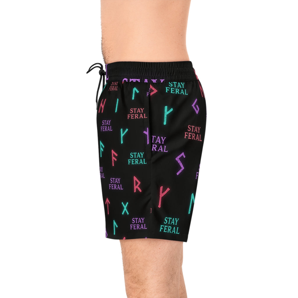 Stay Feral Glowing Rune Men’s Swim Trunks | Edgy Beachwear