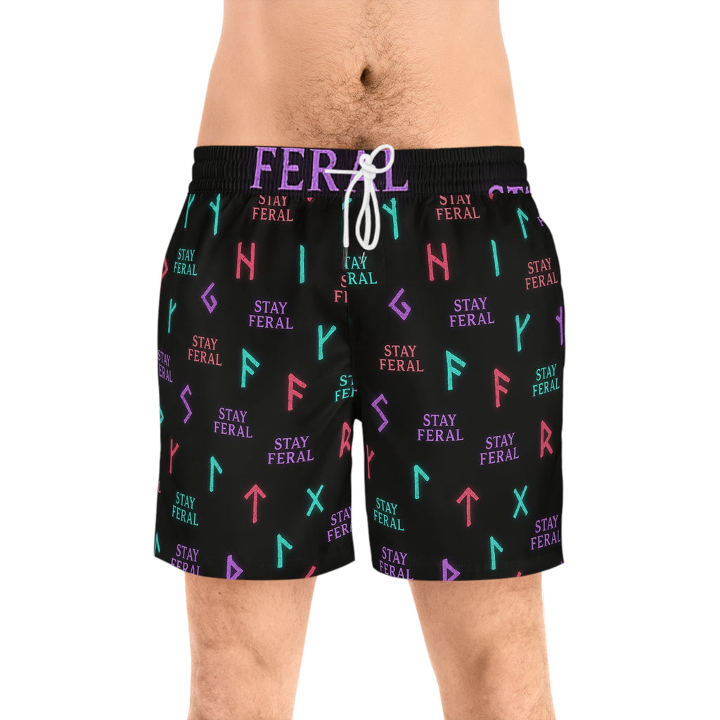 Stay Feral Glowing Rune Men’s Swim Trunks | Edgy Beachwear