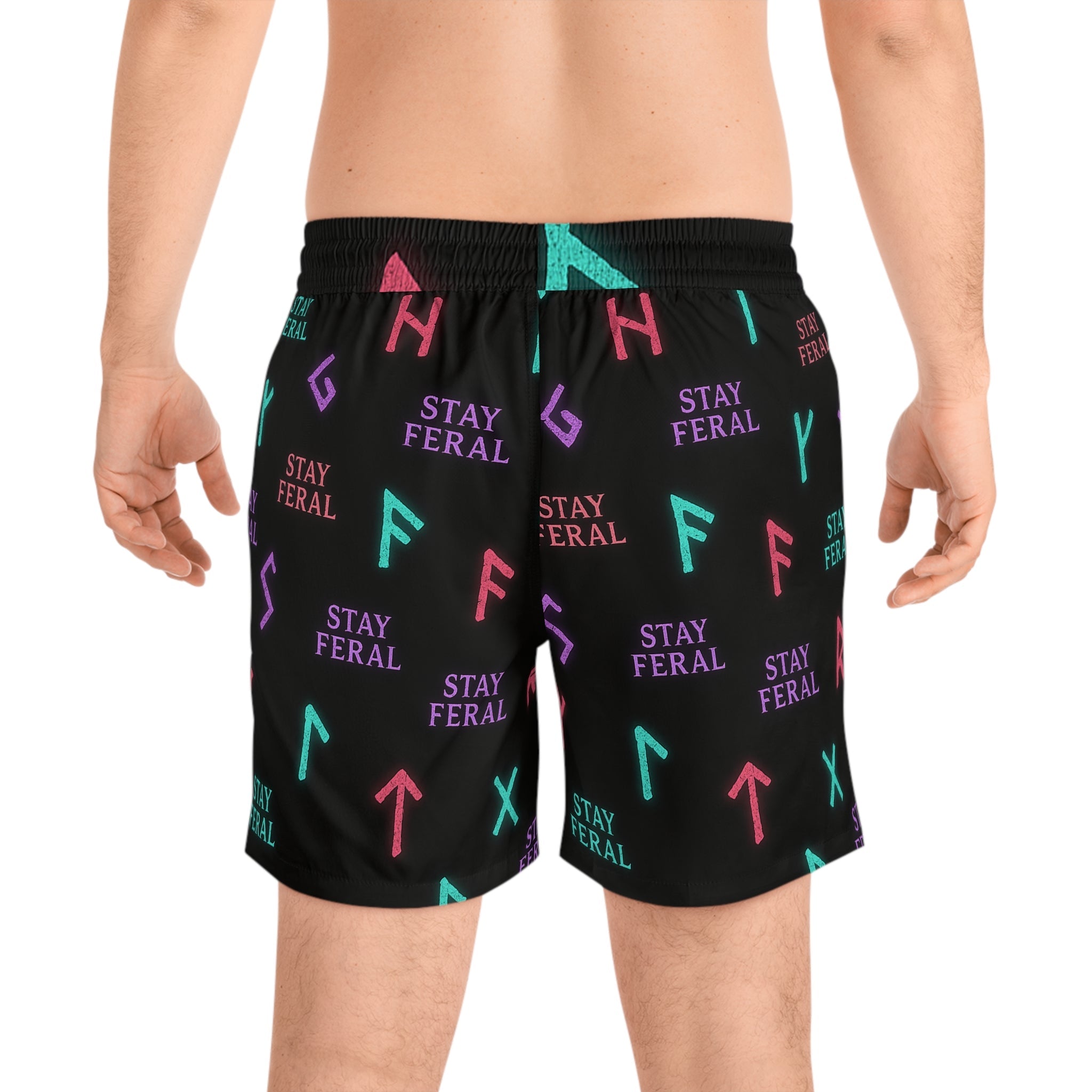 Stay Feral Glowing Rune Men’s Swim Trunks | Edgy Beachwear