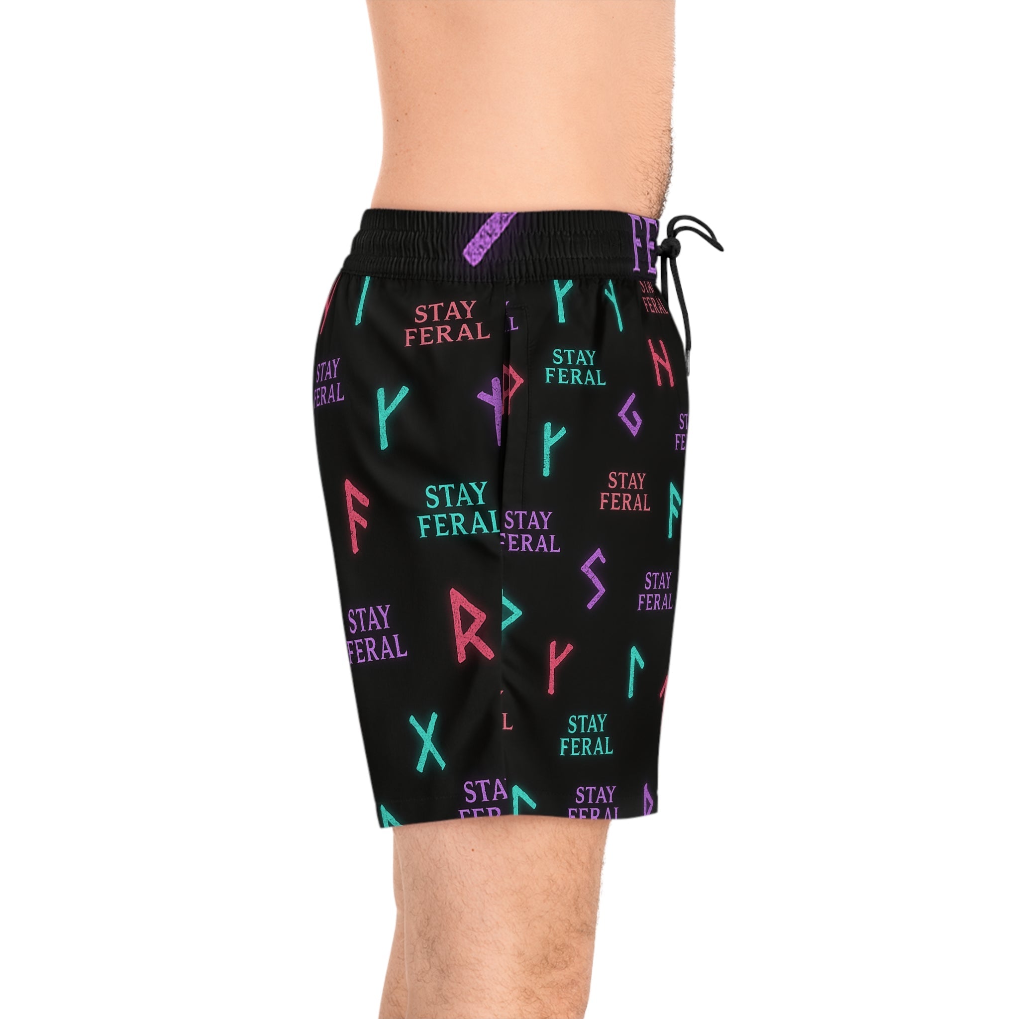 Stay Feral Glowing Rune Men’s Swim Trunks | Edgy Beachwear