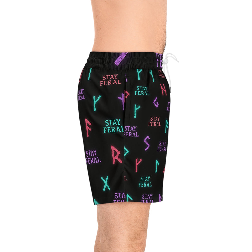 Stay Feral Glowing Rune Men’s Swim Trunks | Edgy Beachwear