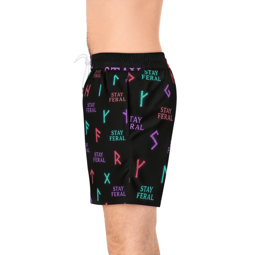 Stay Feral Glowing Rune Men’s Swim Trunks | Edgy Beachwear