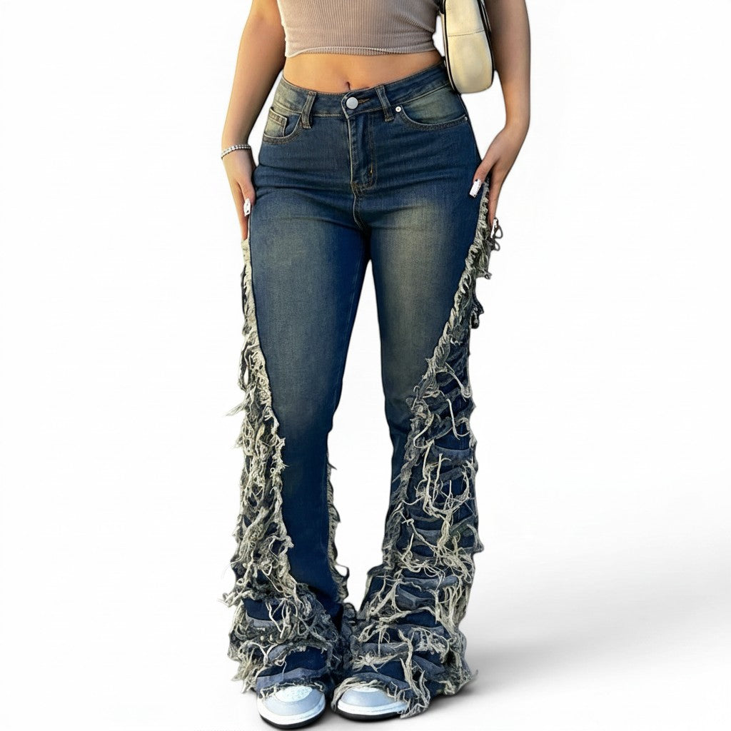 8O7 women's blue denim straight-leg jeans with distressed fringe detailing and slight stretch.