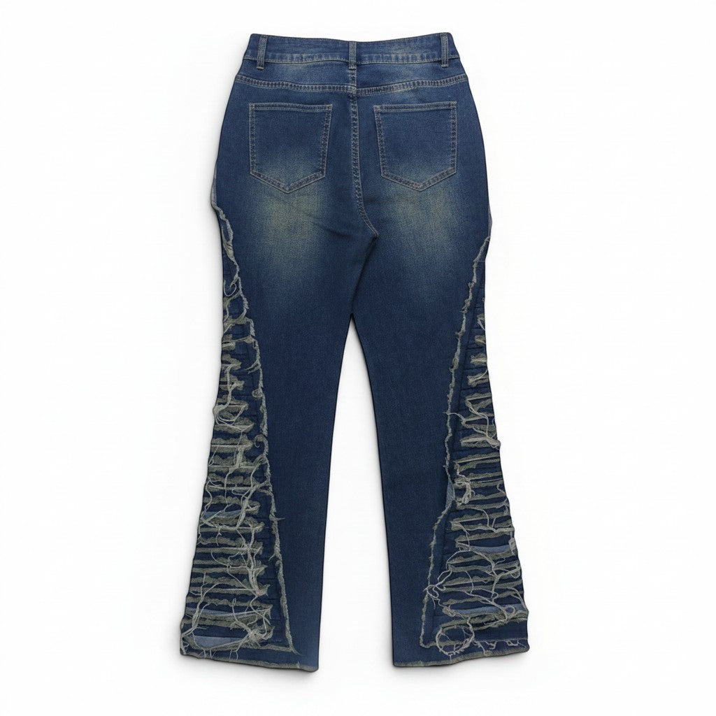 8O7 blue cotton women's straight-leg jeans with distressed ripped detailing and pockets, full-length.