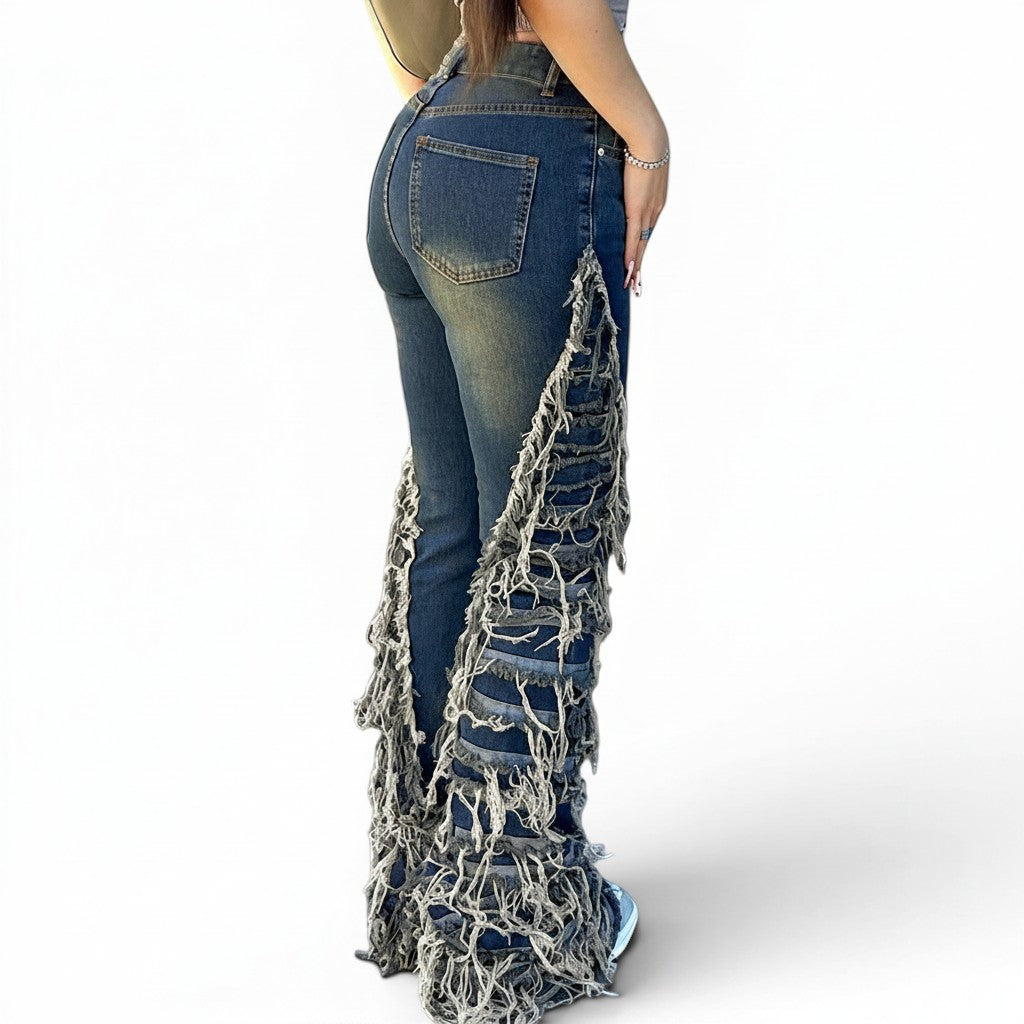 8O7 blue denim straight-leg jeans with distressed fringe detailing on the legs, full-length, slight stretch cotton.