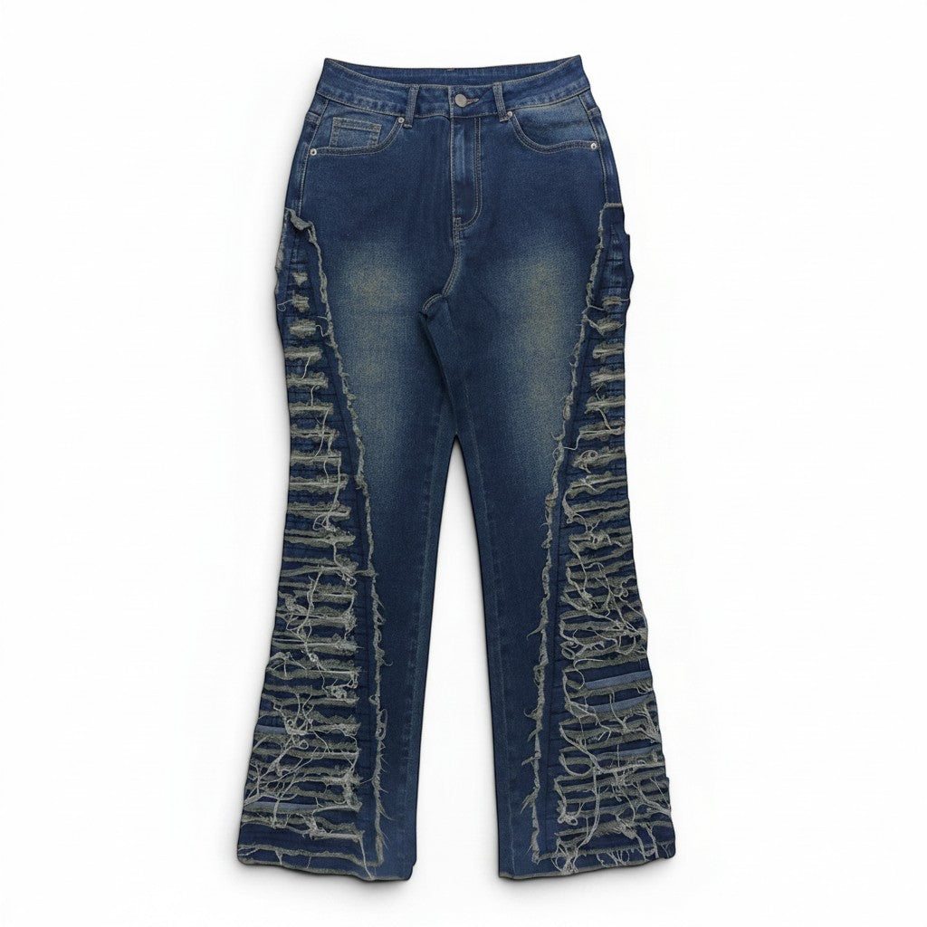 8O7 blue cotton denim straight-leg pants with distressed detailing and pockets, full-length, women's street fashion style.