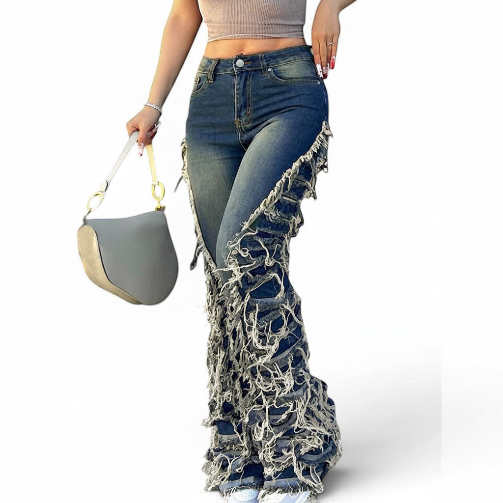 8O7 women's blue cotton denim jeans with distressed fringe detailing and straight-leg cut.