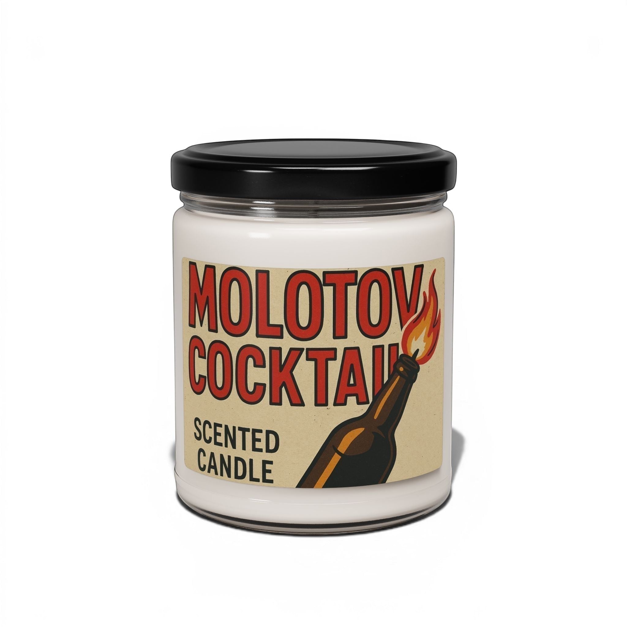 8O7 Molotov Cocktail scented soy candle in a reusable glass jar with a black lid. Features a retro label with a burning bottle illustration.