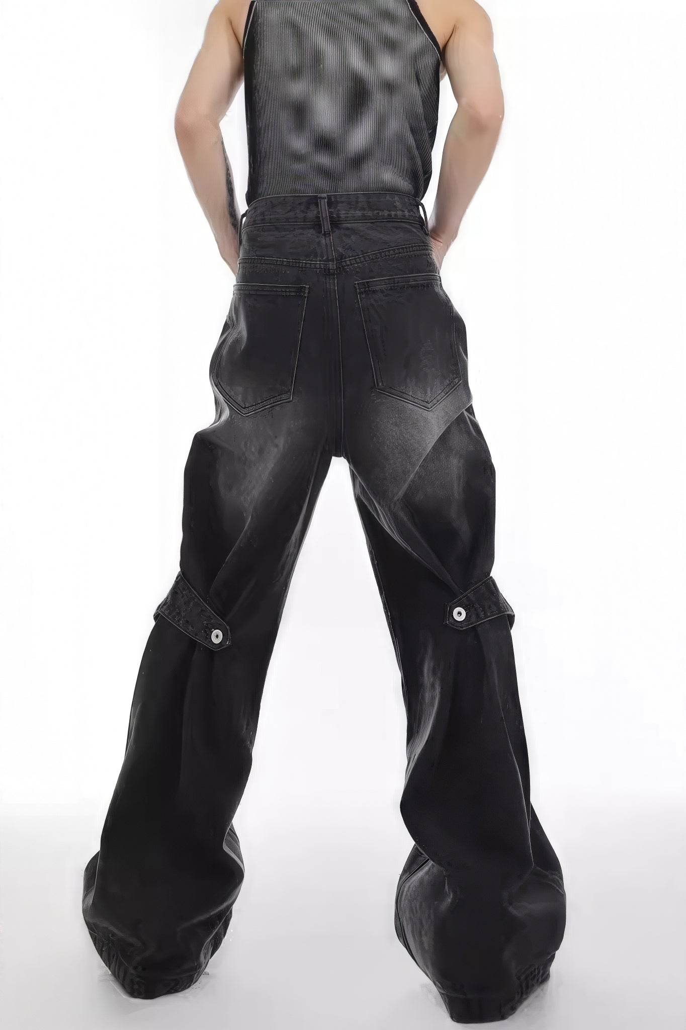 Distressed Denim Patchwork Jeans - Convertible Flare Design