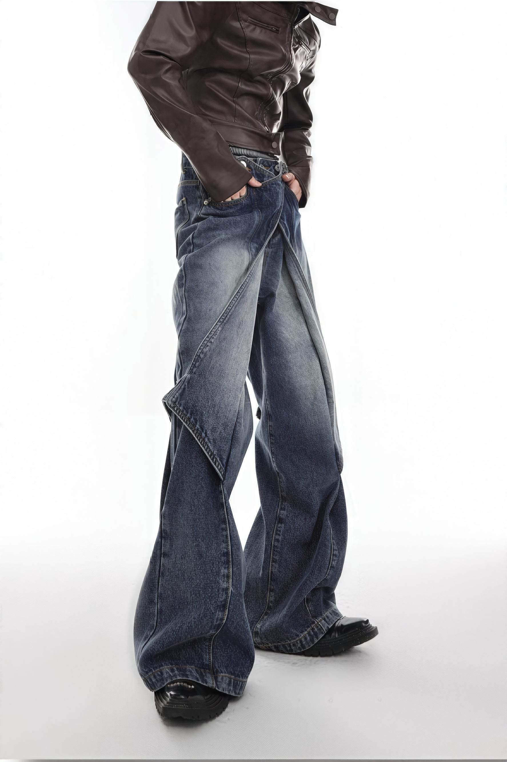 Distressed Denim Patchwork Jeans - Convertible Flare Design