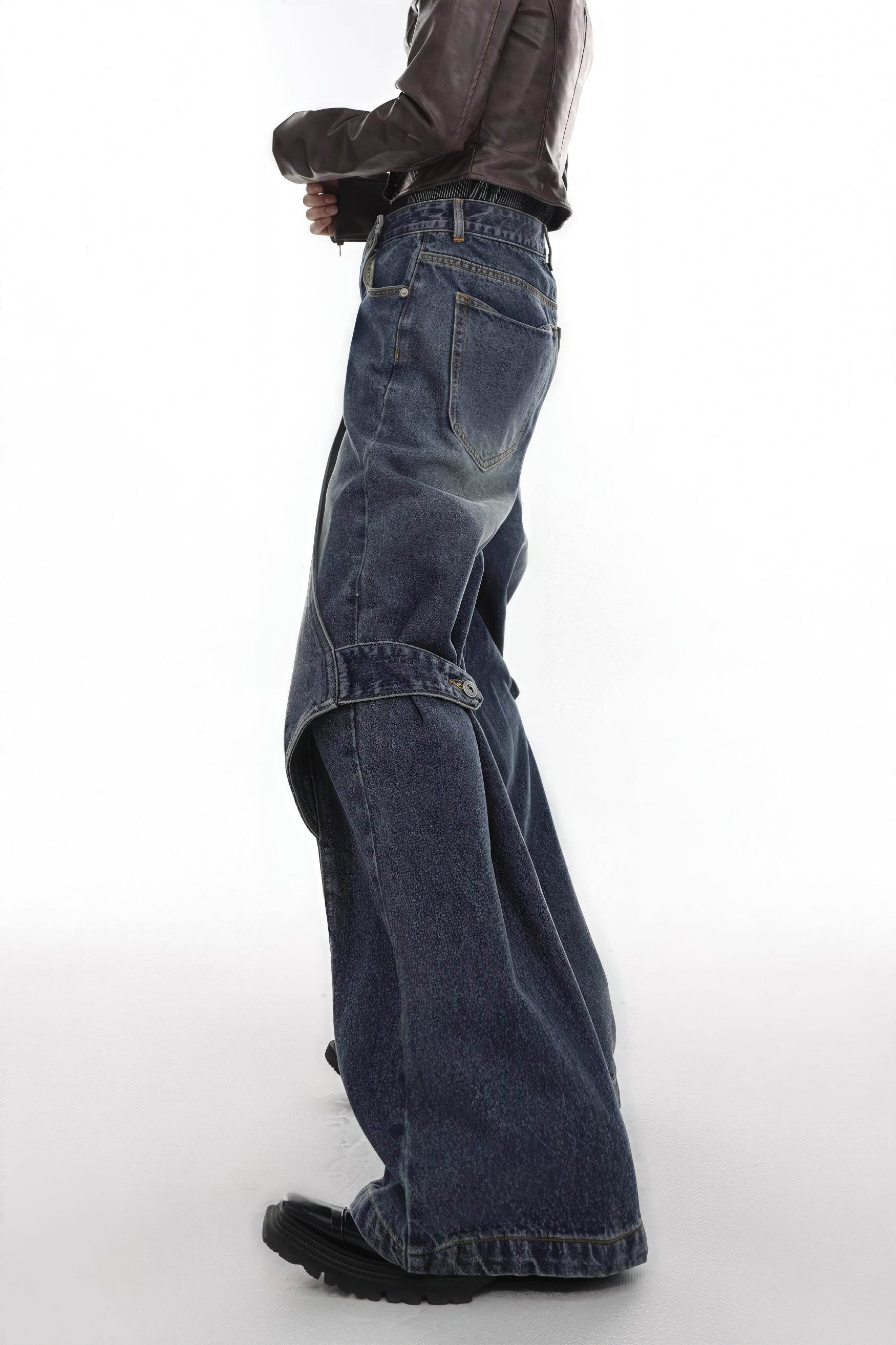 Distressed Denim Patchwork Jeans - Convertible Flare Design