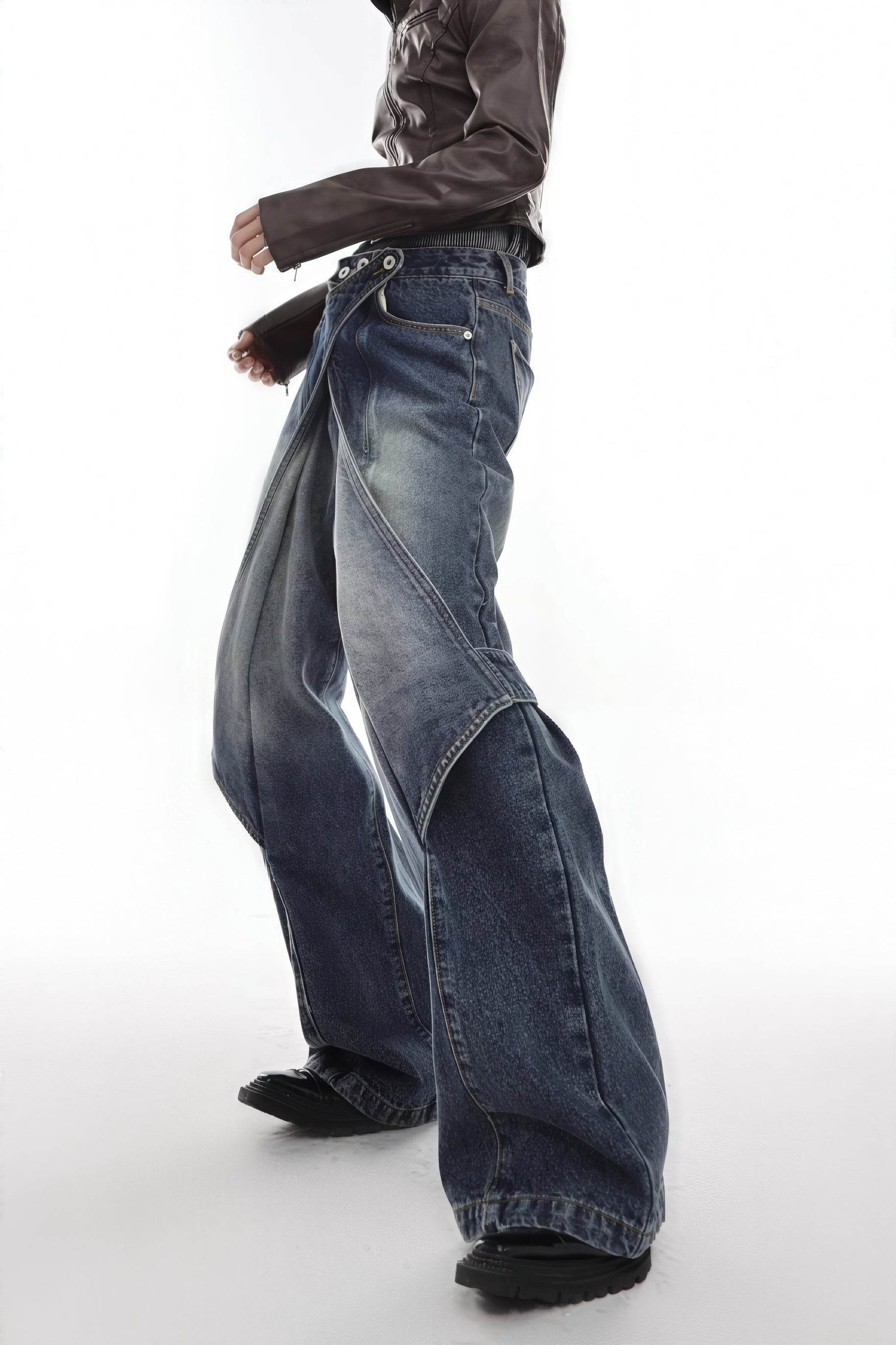 Distressed Denim Patchwork Jeans - Convertible Flare Design