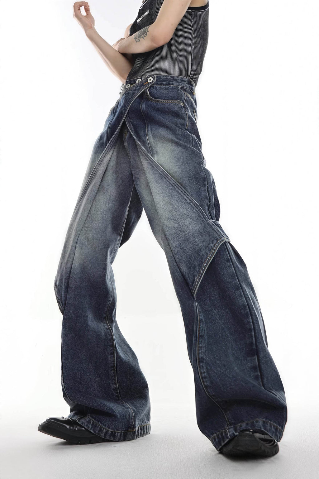 Distressed Denim Patchwork Jeans - Convertible Flare Design