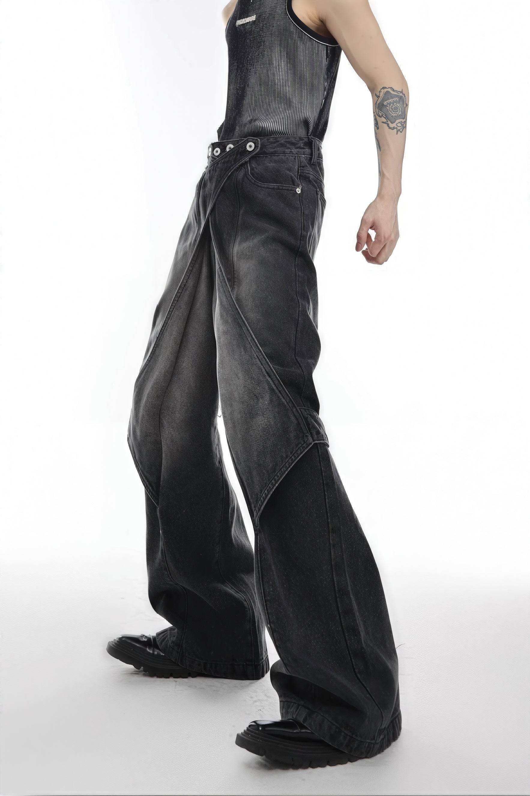 Distressed Denim Patchwork Jeans - Convertible Flare Design