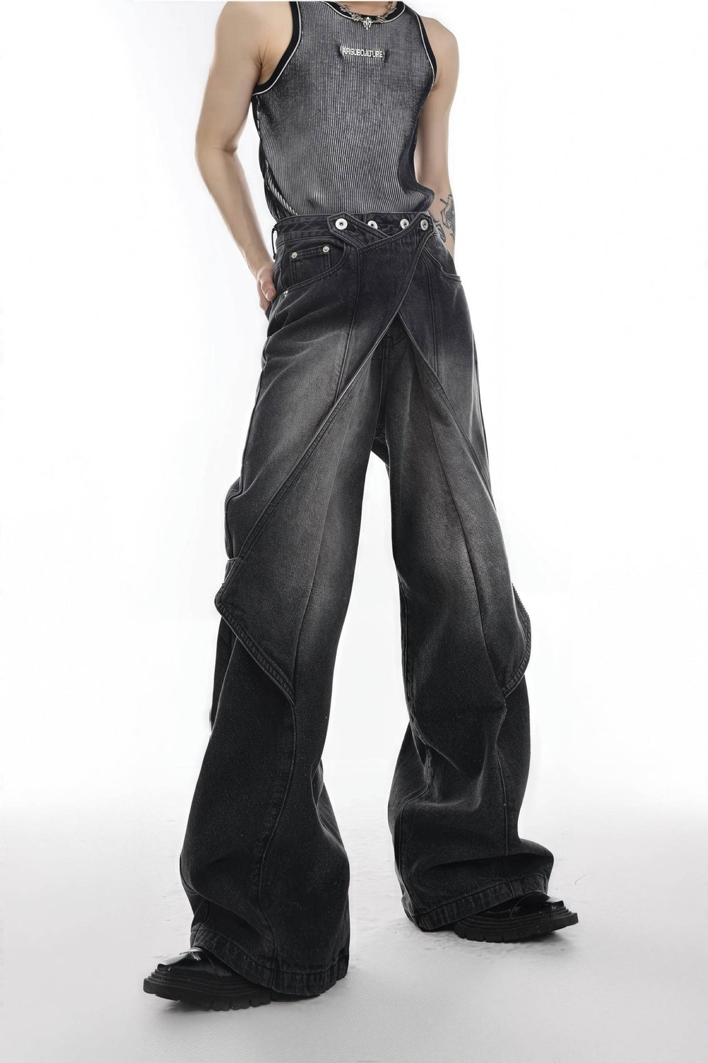 Distressed Denim Patchwork Jeans - Convertible Flare Design