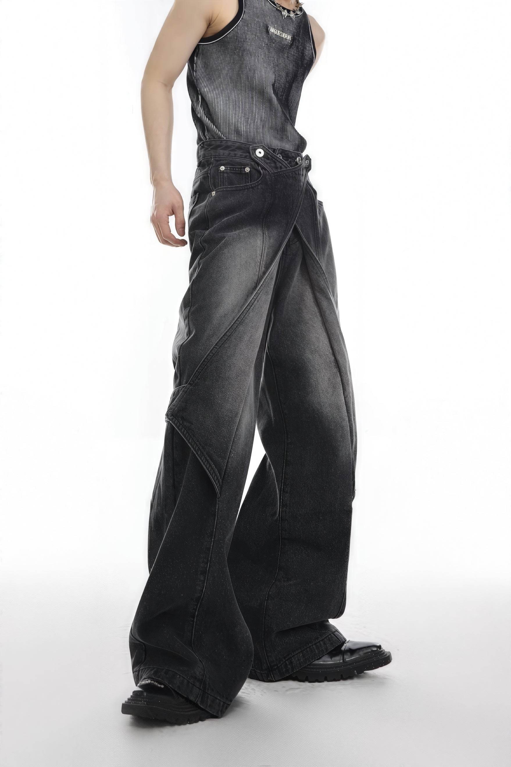 Distressed Denim Patchwork Jeans - Convertible Flare Design