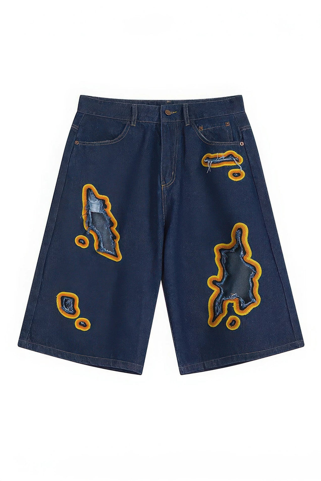 Flame Burnout Distressed Denim Shorts – Bold, Streetwear-Inspired Design