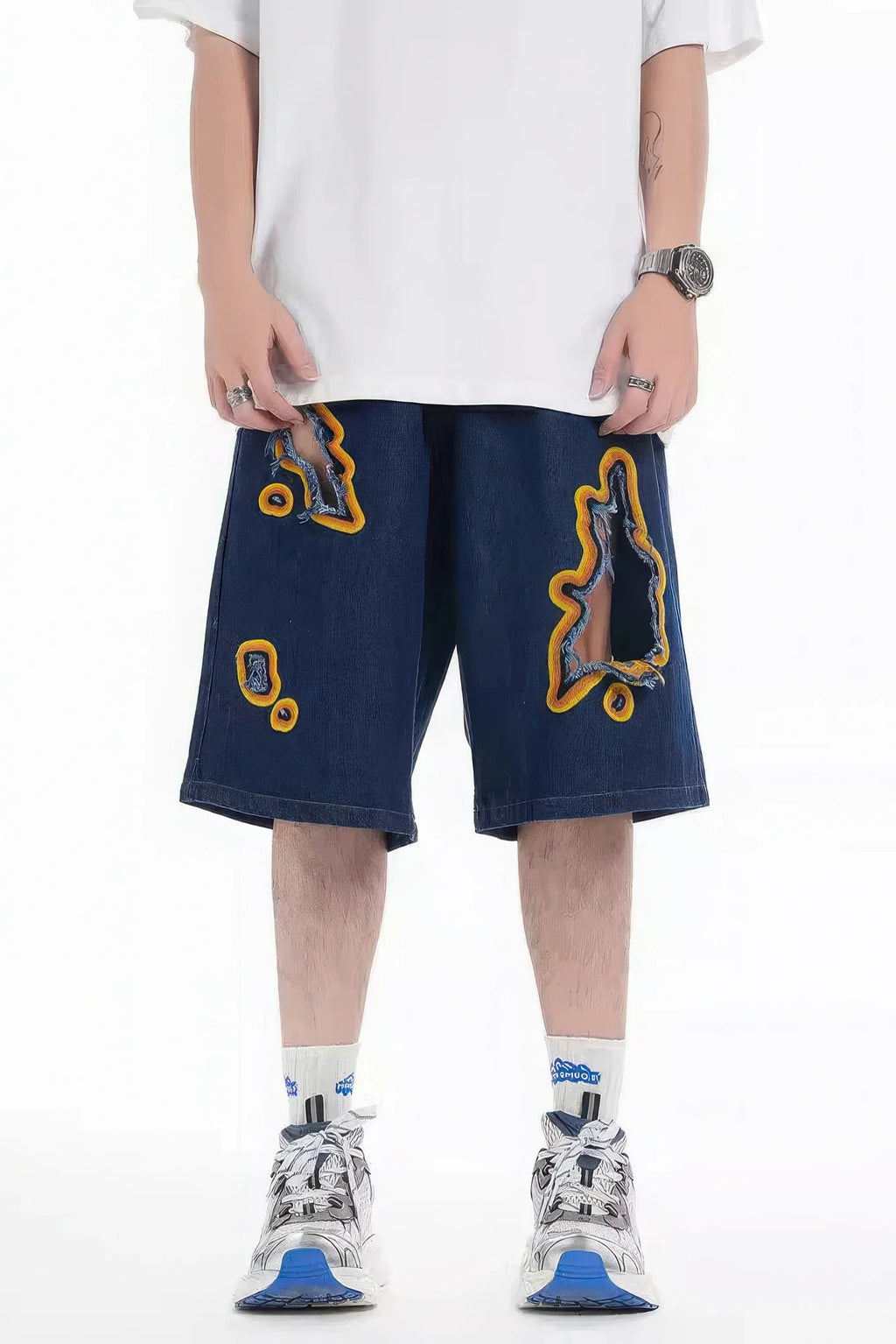 Flame Burnout Distressed Denim Shorts – Bold, Streetwear-Inspired Design