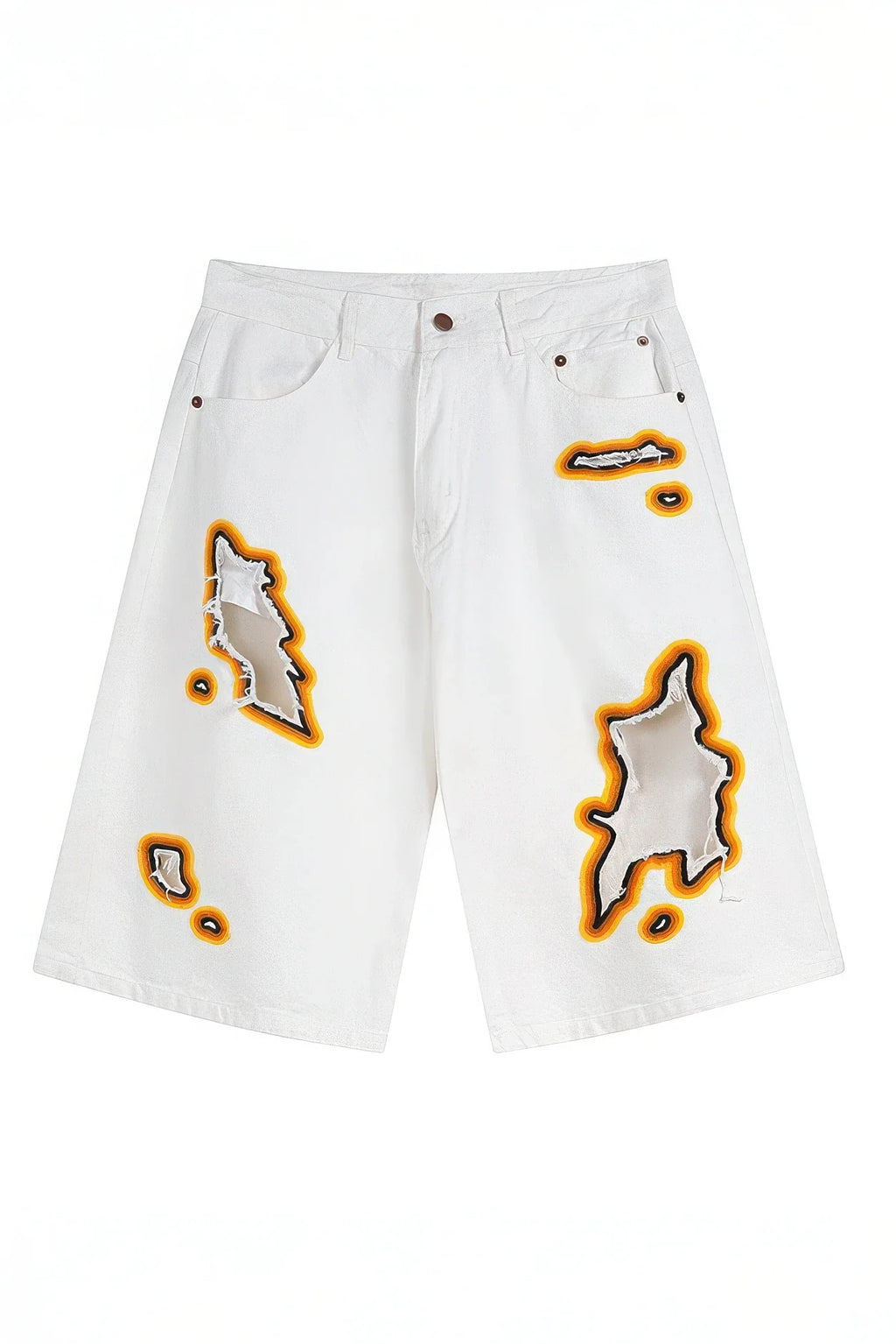 Flame Burnout Distressed Denim Shorts – Bold, Streetwear-Inspired Design