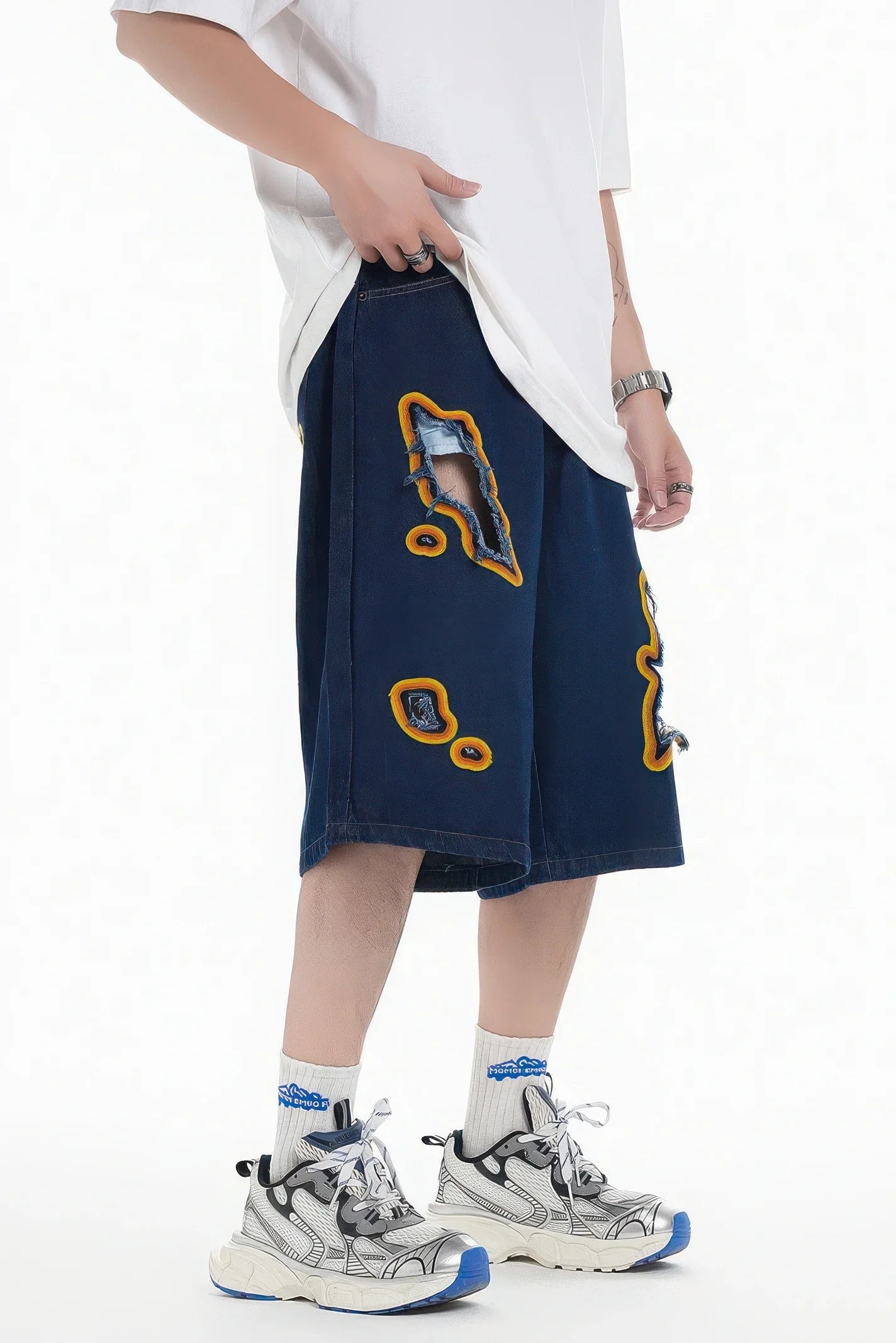 Flame Burnout Distressed Denim Shorts – Bold, Streetwear-Inspired Design