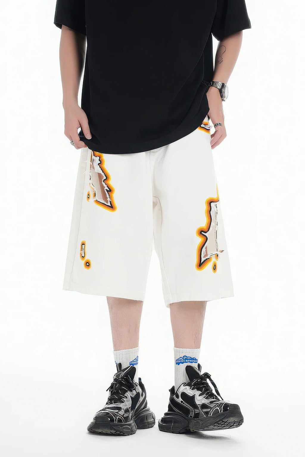 Flame Burnout Distressed Denim Shorts – Bold, Streetwear-Inspired Design