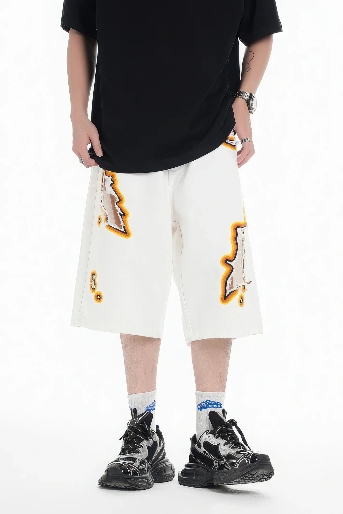 Flame Burnout Distressed Denim Shorts – Bold, Streetwear-Inspired Design