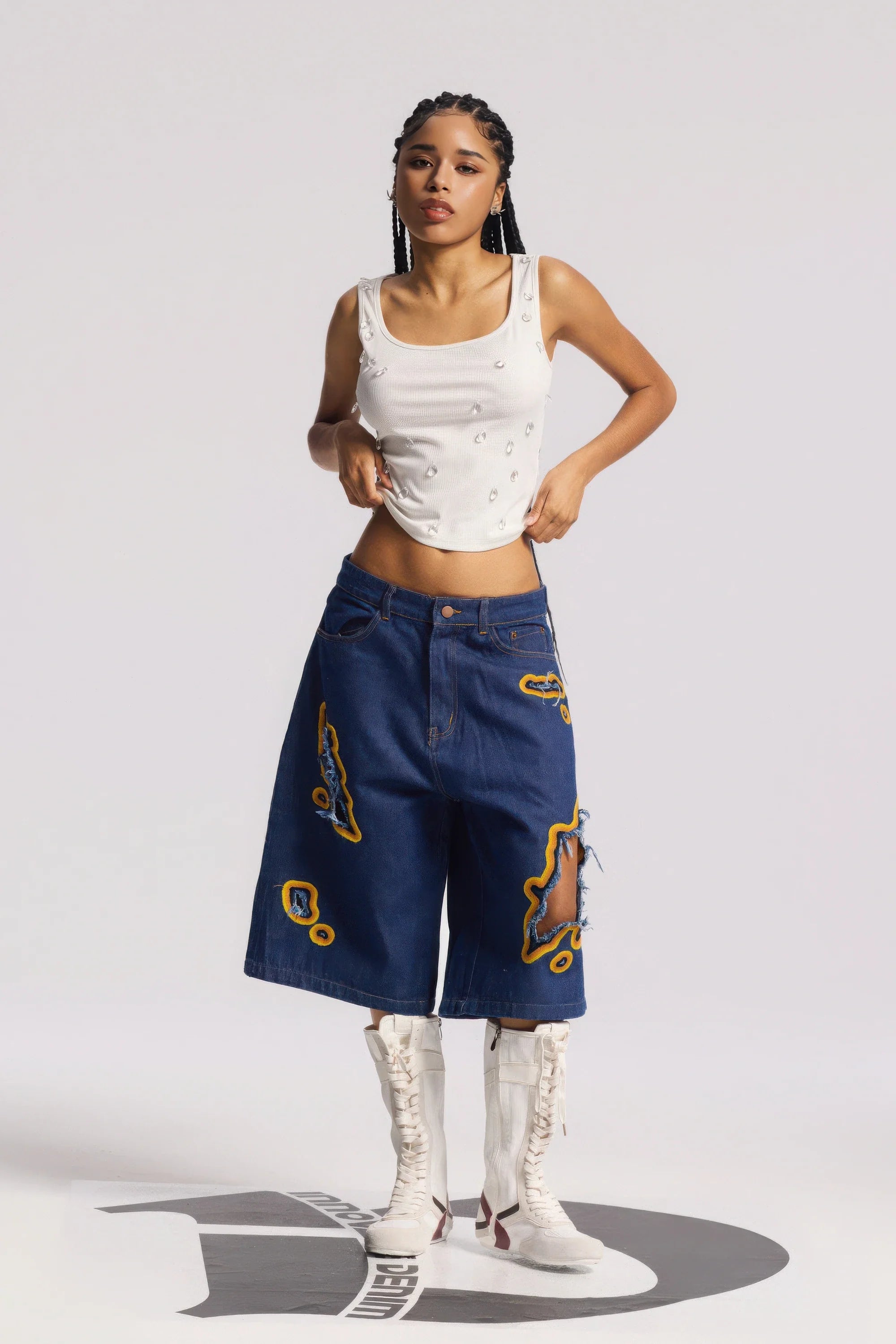 Flame Burnout Distressed Denim Shorts – Bold, Streetwear-Inspired Design