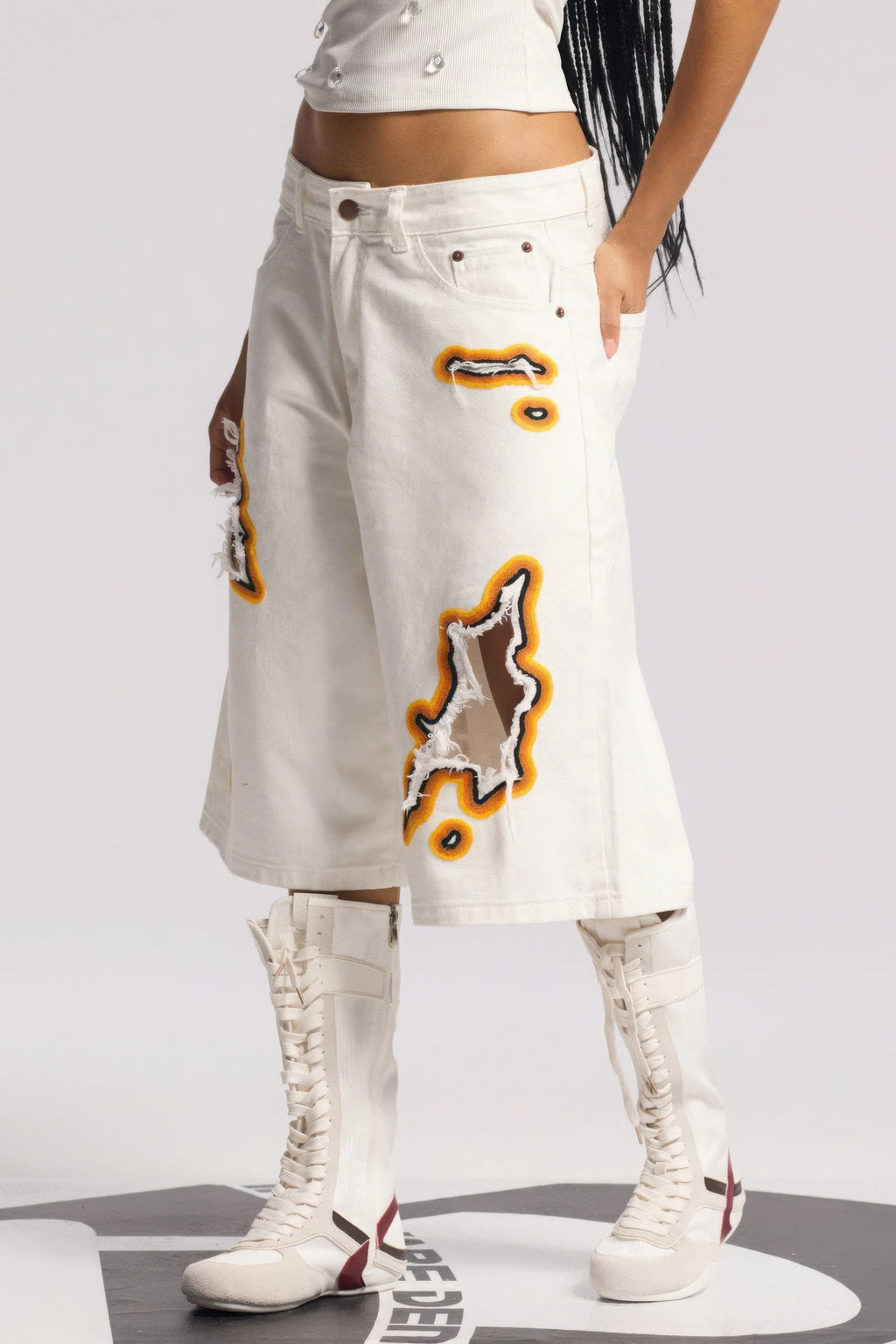 Flame Burnout Distressed Denim Shorts – Bold, Streetwear-Inspired Design