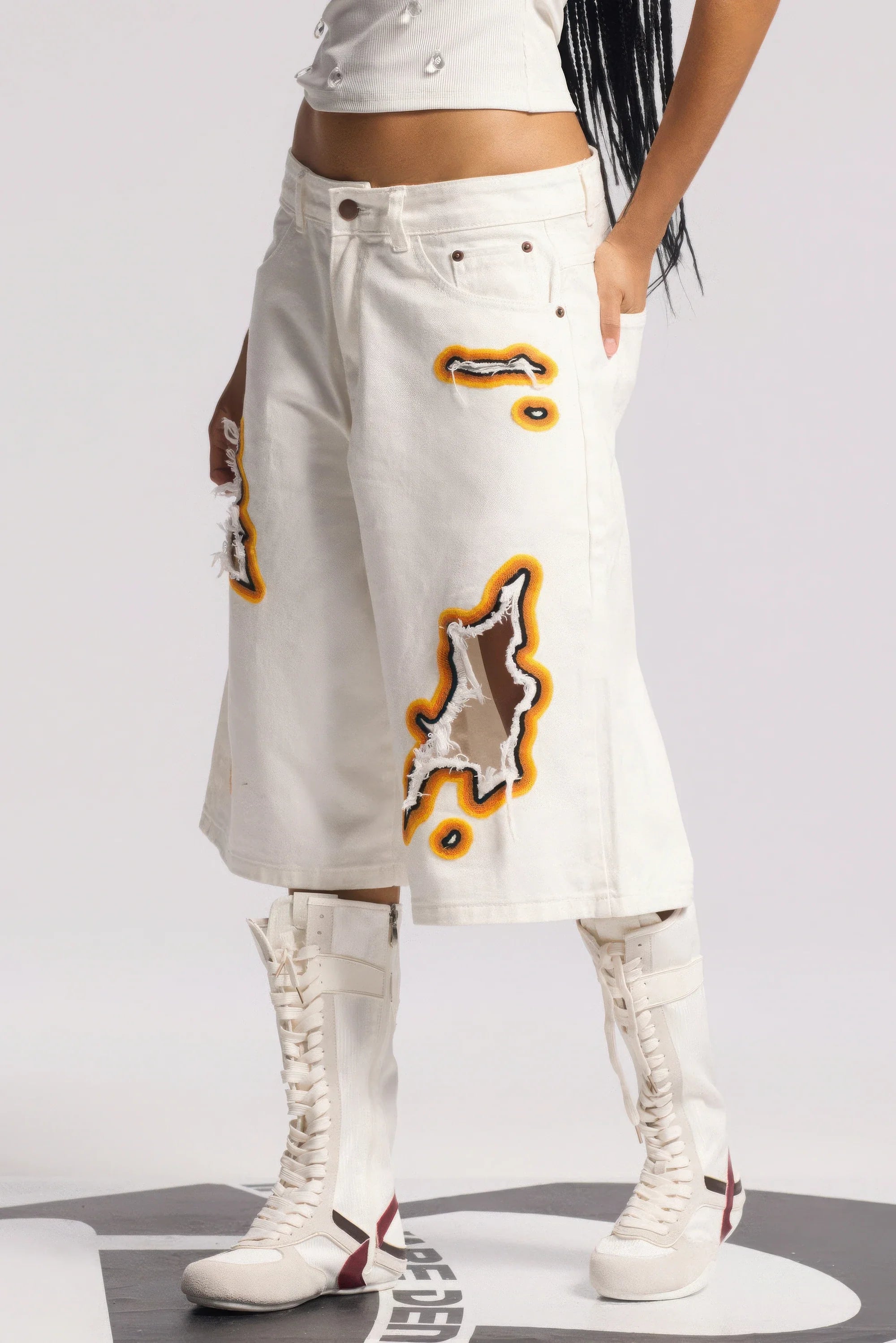 Flame Burnout Distressed Denim Shorts – Bold, Streetwear-Inspired Design