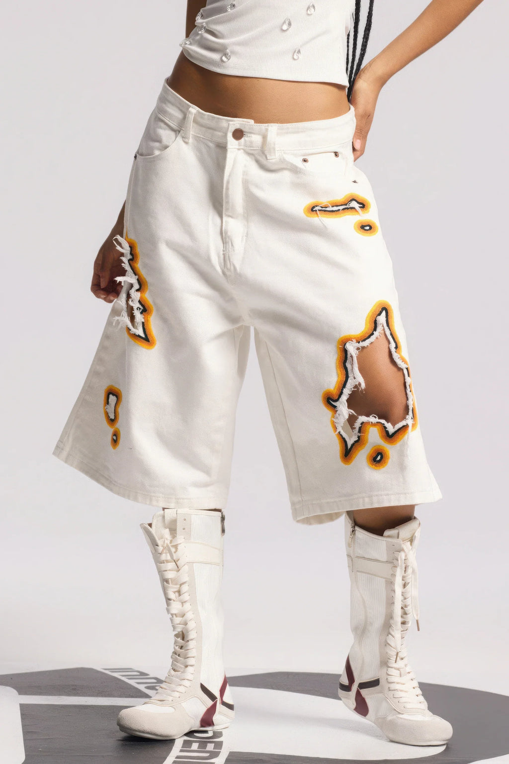 Flame Burnout Distressed Denim Shorts – Bold, Streetwear-Inspired Design