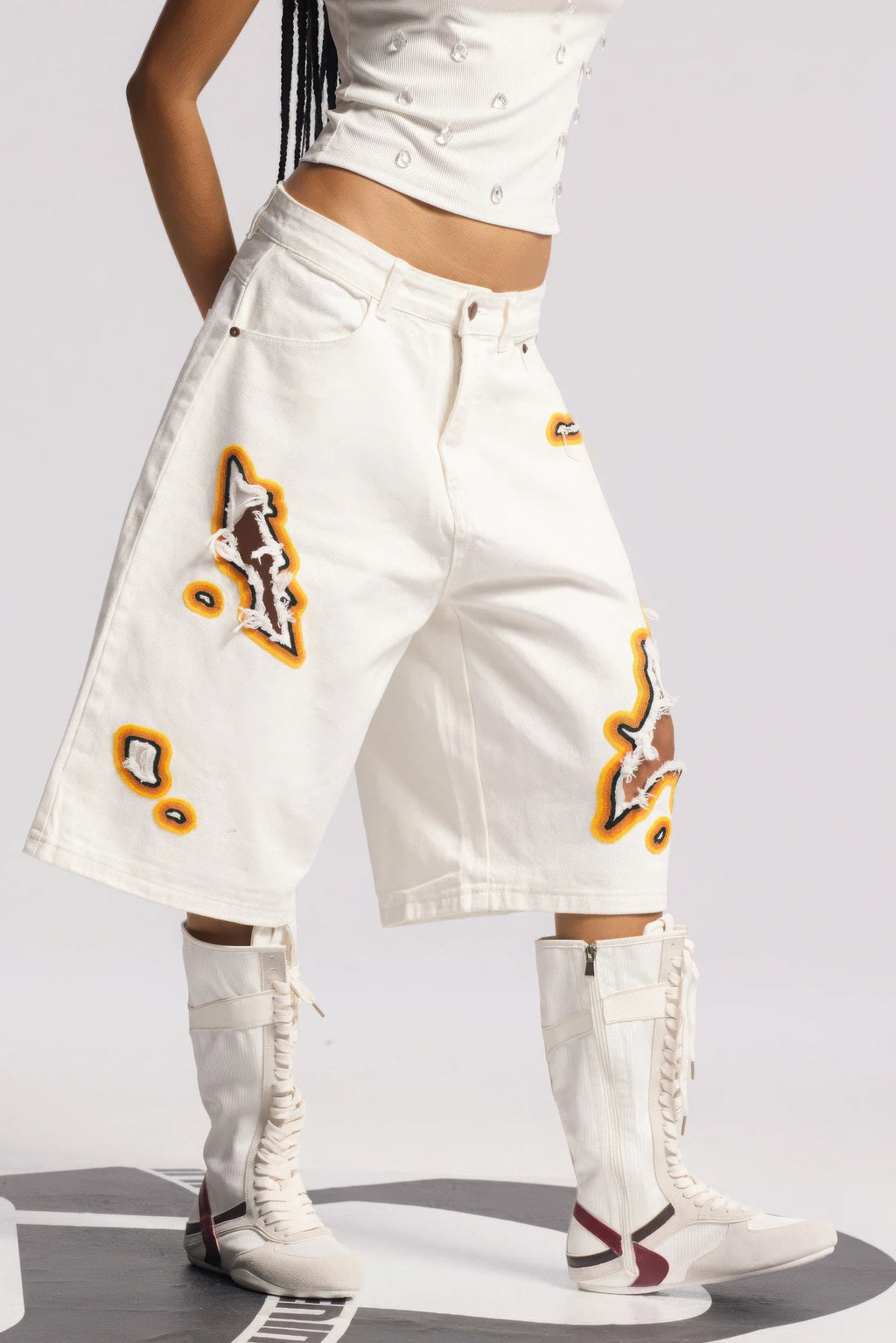 Flame Burnout Distressed Denim Shorts – Bold, Streetwear-Inspired Design