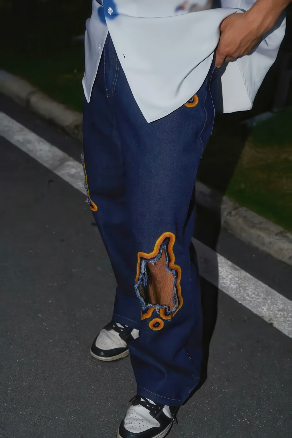 Flame Burnout Distressed Denim Jeans – Bold, Street Style Design