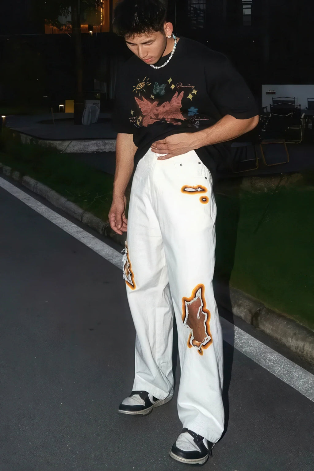 Flame Burnout Distressed Denim Jeans – Bold, Street Style Design