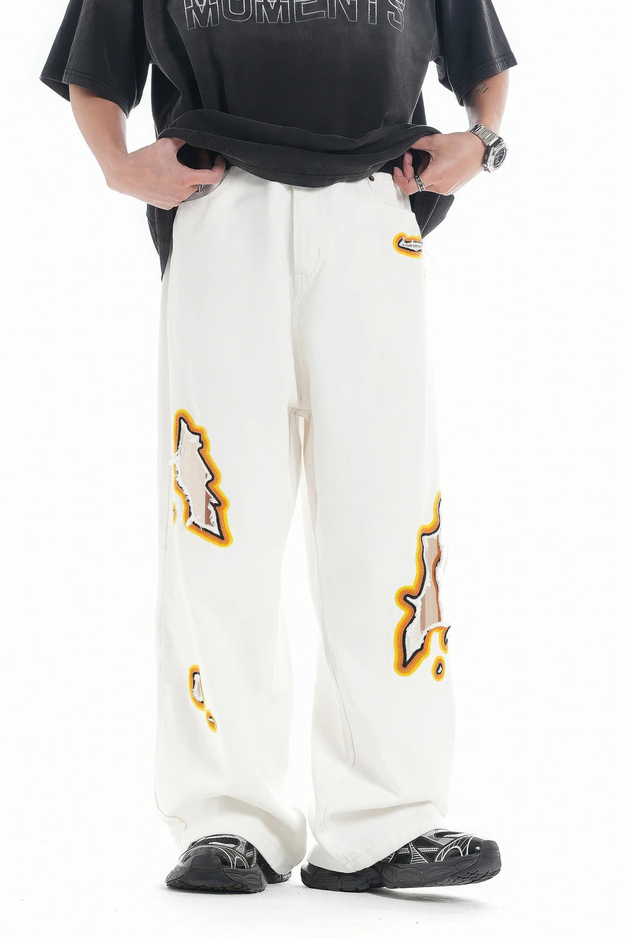 Flame Burnout Distressed Denim Jeans – Bold, Street Style Design