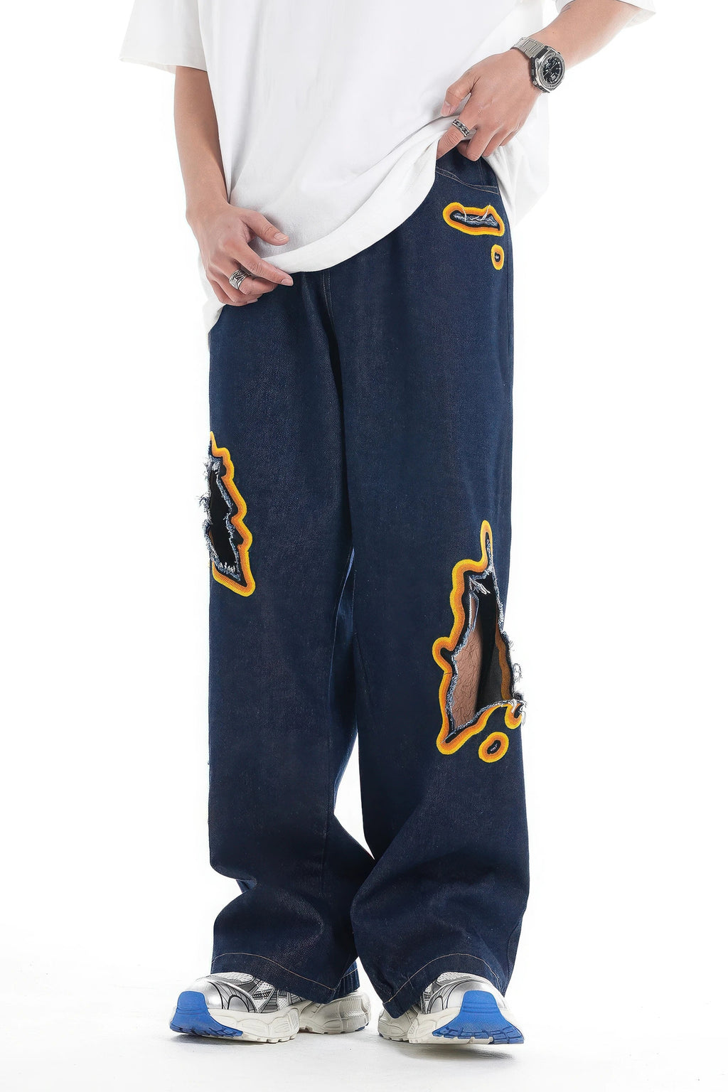 Flame Burnout Distressed Denim Jeans – Bold, Street Style Design