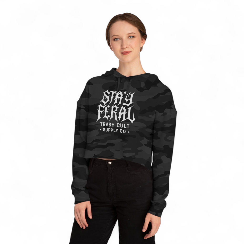 Camo Cropped Sweatshirt - Stay Feral, Trendy Streetwear, Gift for Her, Casual Outfit, Music Festival Apparel, Edgy Fashion