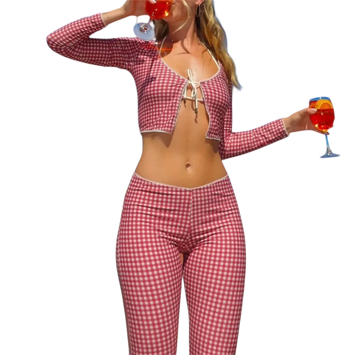 Red Gingham Two-Piece Set – Tie-Front Crop Top & Low-Waist Capris