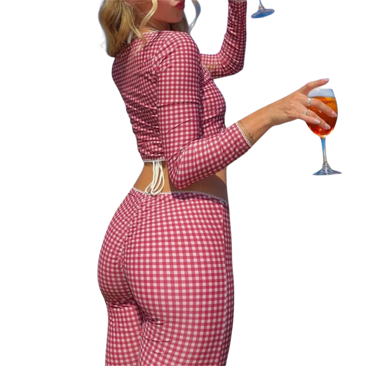 Red Gingham Two-Piece Set – Tie-Front Crop Top & Low-Waist Capris