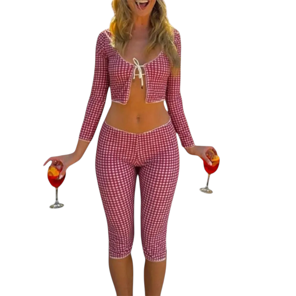 Red Gingham Two-Piece Set – Tie-Front Crop Top & Low-Waist Capris